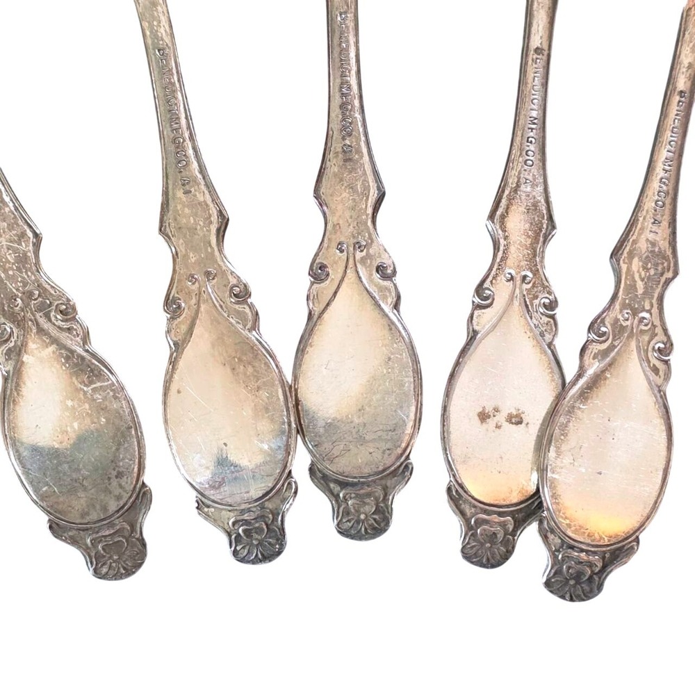 Benedict Mfg Co A1 Silver Plate Teaspoons Set of 5 Ornate Floral 4.5" Spoons - Picture 4 of 7